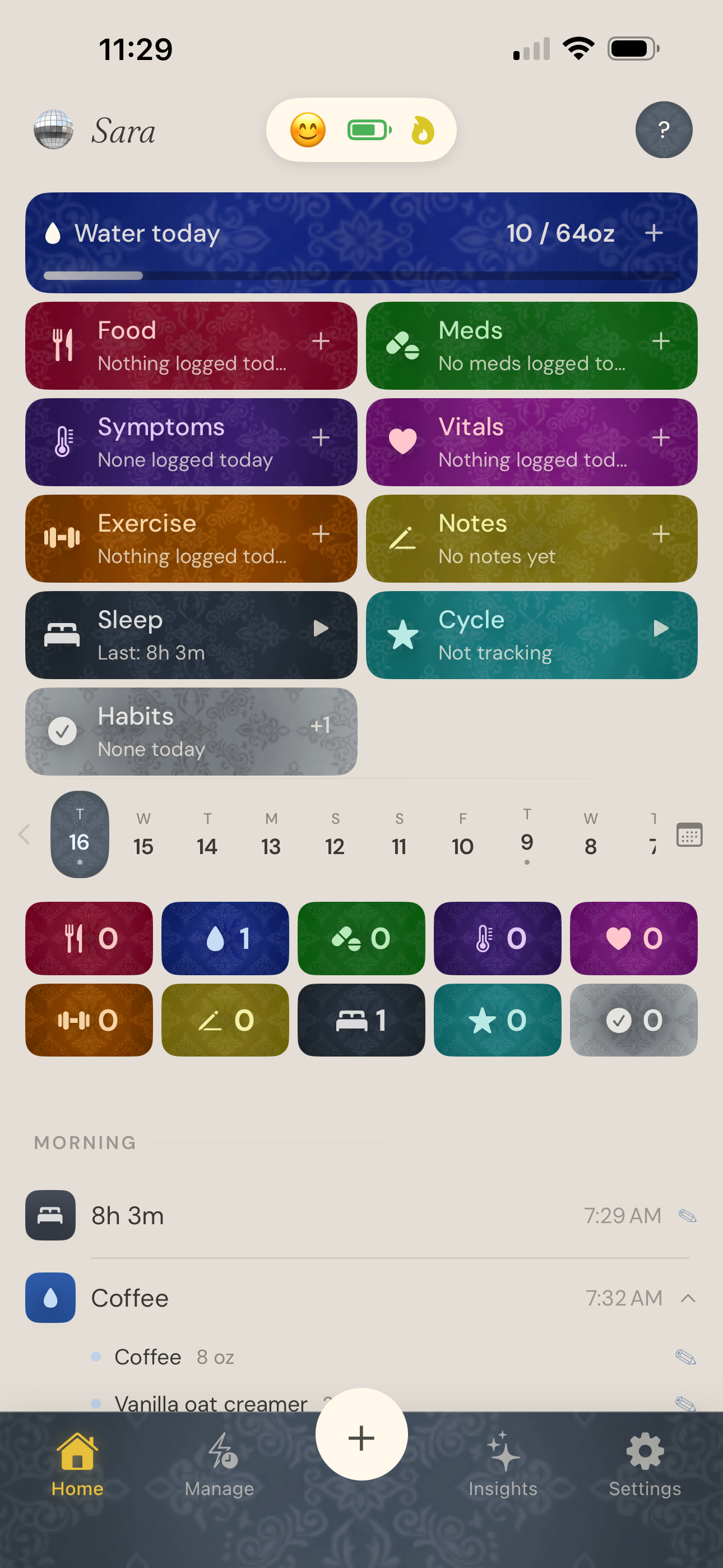SavvyTrack app dashboard showing health tracking categories